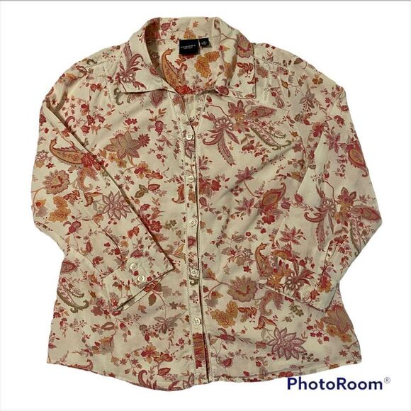 Woman’s Sonoma SZ M White/Pink Paisley-Floral Button Down Blouse - Picture 1 of 5